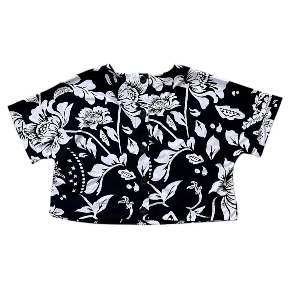 Adrianna Papell Cropped Button Up Back Black & White Floral Print Top Small